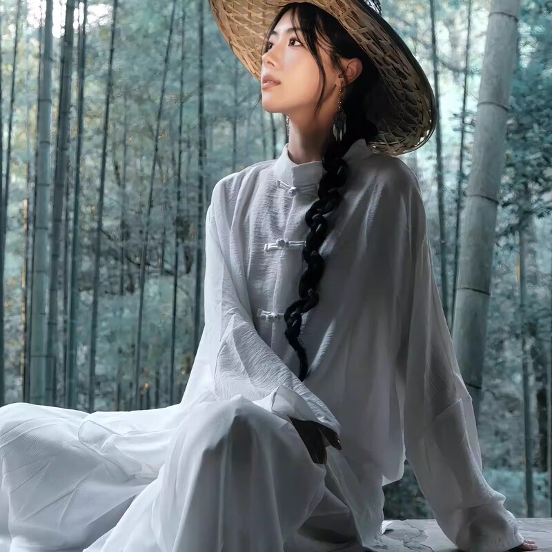 New Chinese-Style Tai Chi Clothing, Ethereal and Flowing Practice Clothes, Ancient-Style Hanfu Tops for Women, Martial Arts Style, Buddhist Zen Style Set New Chinese-Style Tai Chi Clothing, Ethereal and Flowing Practice Clothes, Ancient-Style Hanfu Tops for Women, Martial Arts Style, Buddhist Zen Style Set