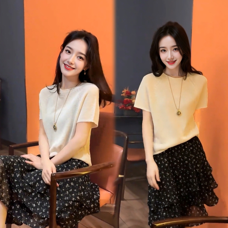 Luofen Fabric Story Flagship Store Women's Fashionable and Elegant Versatile Short-Sleeve Knit Top Paired with Irregular Floral Skirt Luofen Fabric Story Flagship Store Women's Fashionable and Elegant Versatile Short-Sleeve Knit Top Paired with Irregular Floral Skirt