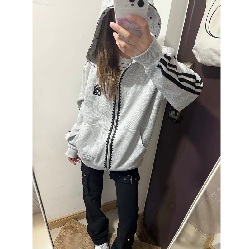 American-Style Sports Three-Stripe Color-Block Polka Dot Hoodie with Letter Embroidery, Women's Autumn Zip-Up Casual Lazy Jacket