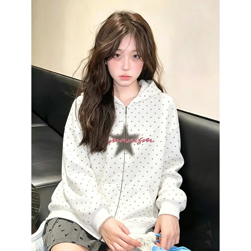 American-Style Trendy Polka Dot Star Letter Hooded Sweatshirt for Women 2026 New Autumn Lazy College Style Student Jacket American-Style Trendy Polka Dot Star Letter Hooded Sweatshirt for Women 2026 New Autumn Lazy College Style Student Jacket