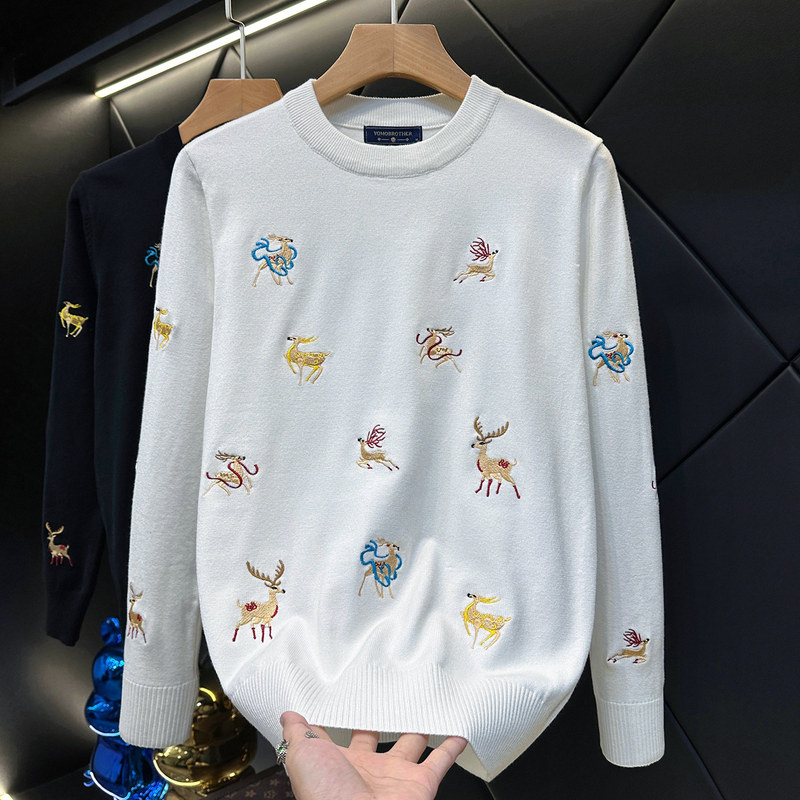 European and American Trendy Brand Christmas Reindeer Embroidered Sweater for Men, Autumn and Winter Style, Trendy and Unique Slim-Fit Round-Neck Knitwear for Men