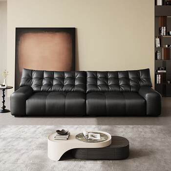 Italian minimalist big black bear leather sofa villa living room french mid-century style first layer cowhide straight row sofa Italian minimalist big black bear leather sofa villa living room french mid-century style first layer cowhide straight row sofa