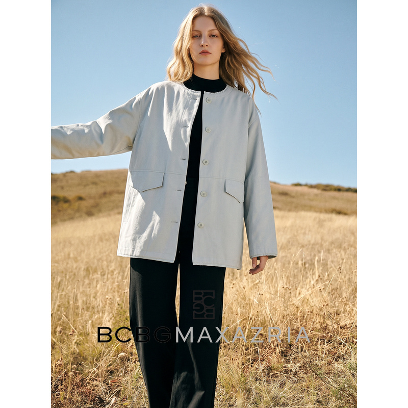 Bcbg Relaxed Gray Lace-Trimmed Round-Neck Single-Breasted Jacket for Women, Winter Mid-Length Loose Jacket Top