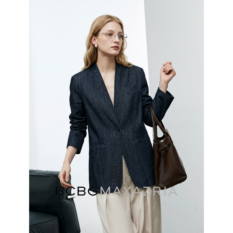 Bcbgmaxazria Denim Blue Pure Cotton V-Neck Crisp Blazer Women's Autumn and Winter One-Button Work Suit