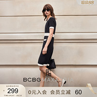 BCBG Spring and Summer Fashion Light Summer Style Contrast Color Ribbed Waist Slim Short Sleeve Knitted Dress Women's Short Style
