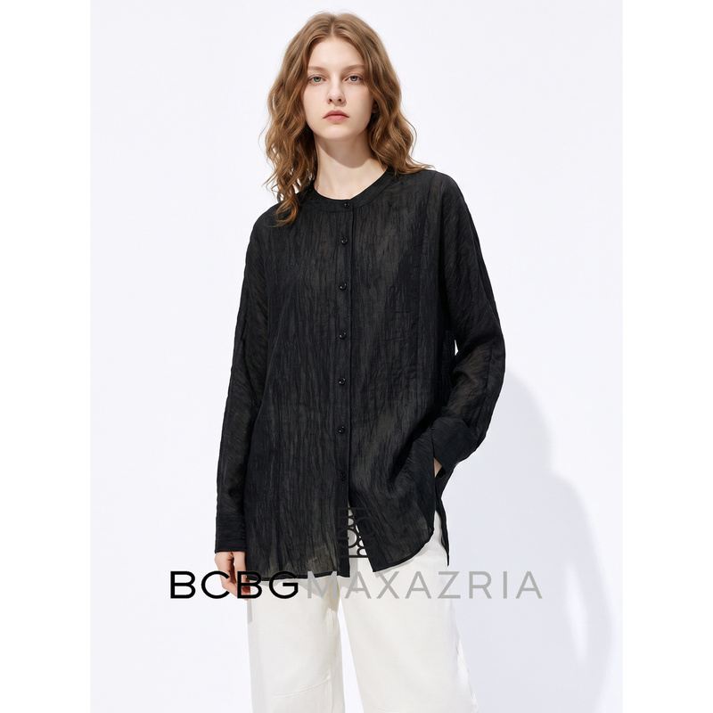 Bcbg Lazy Style Black Acetate Round Neck Slimming Long-Sleeve Shirt for Women 2026 Autumn High-End Elegant Top