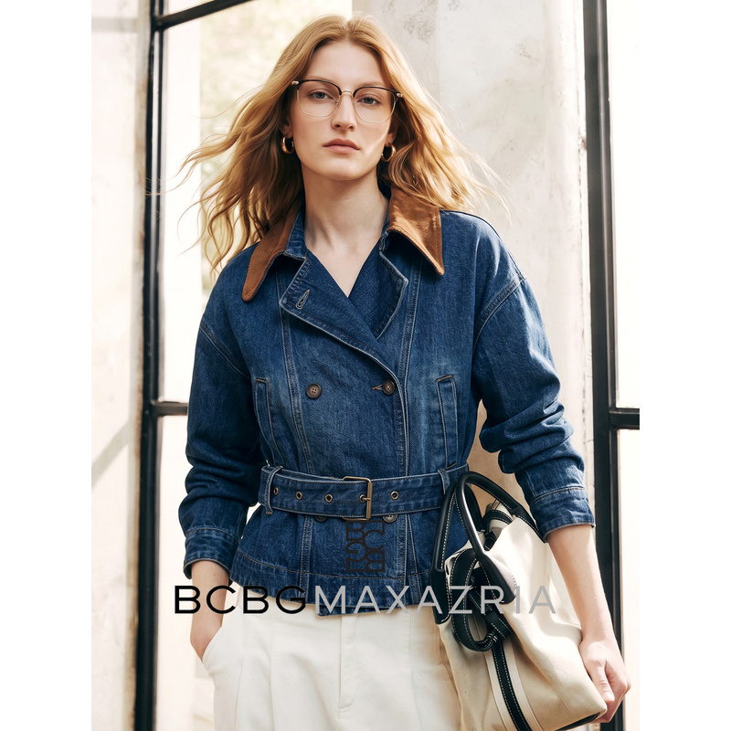 Bcbgmaxazria Contrasting Color Velvet Collar Double-Breasted Lace-Up Waist Denim Jacket for Women Winter Luxury Short Jacket Bcbgmaxazria Contrasting Color Velvet Collar Double-Breasted Lace-Up Waist Denim Jacket for Women Winter Luxury Short Jacket