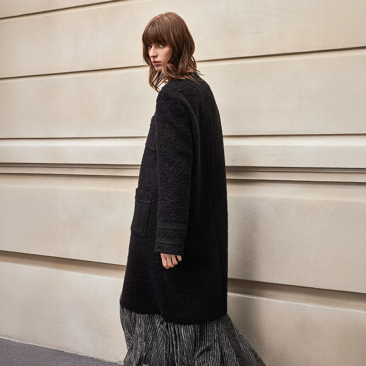 Черная шерстяная текстильная куртка, пальто, средней длины, стиль Chanel