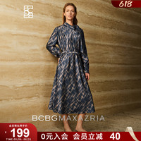 BCBG autumn and winter women's fashionable elegant temperament casual geometric print soft satin floating collar long-sleeved dress