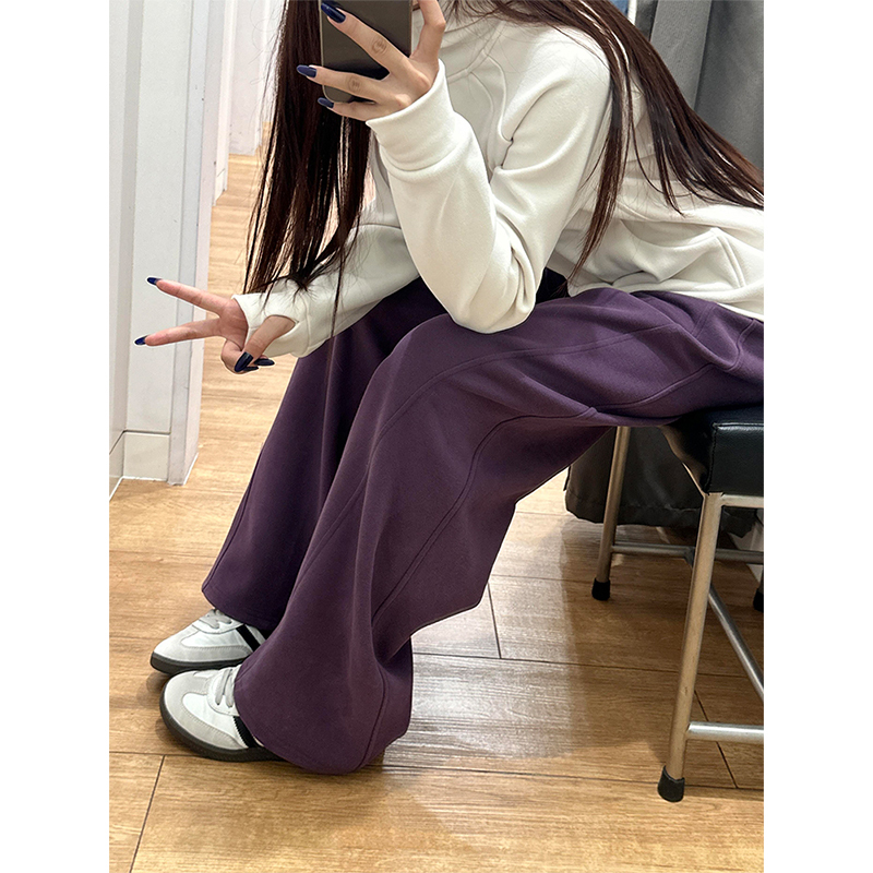 Purple Wide-Leg Pants for Women, Autumn 2026 New Style, High-Waisted, Loose Fit, Petite, American Style, Fleece-Lined, Slimming, Sports Sweatpants