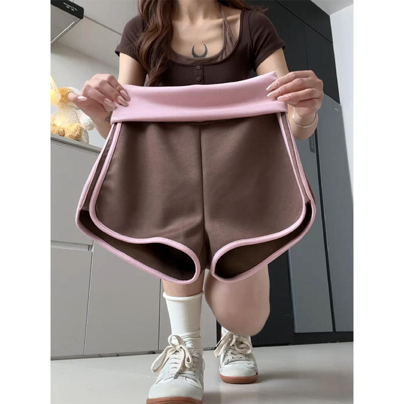 Huang Jiji Pink American-Style High-Waisted Shorts for Women, New Summer Color-Blocked High-Waisted Slim-Fit Sports Hot Pants