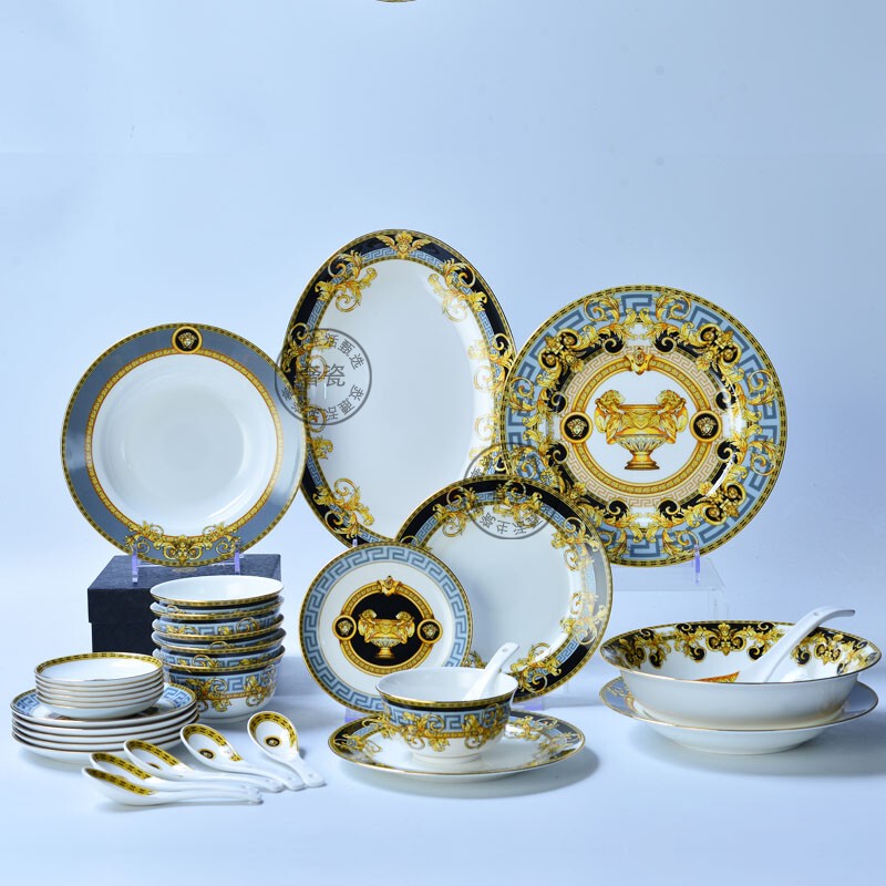 European-Style Black Gold 32-Piece Bone China Tableware Set for Home Use, Ceramic Plates, Bowls, Spoons, Fruit Plate, Soup Bowl, Fish Plate, Free Combination