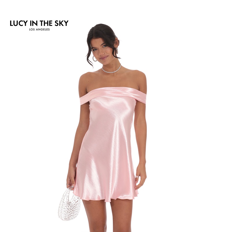 Lucy in the Sky European and American Style One-Shoulder Satin Off-Shoulder Dress Slim Fit Short Dress Mini Dress