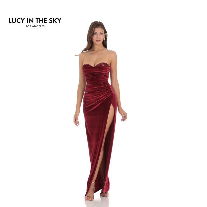 Lucy in the Sky European and American Style Christmas Maroon Off-Shoulder Velvet Sequin Midi Dress Lucy in the Sky European and American Style Christmas Maroon Off-Shoulder Velvet Sequin Midi Dress