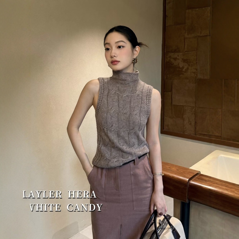 Hera2026 Autumn Old Money Style High Neck Cable Knit Wool Sleeveless Vest for Women Versatile Slim Fit Inner Layer