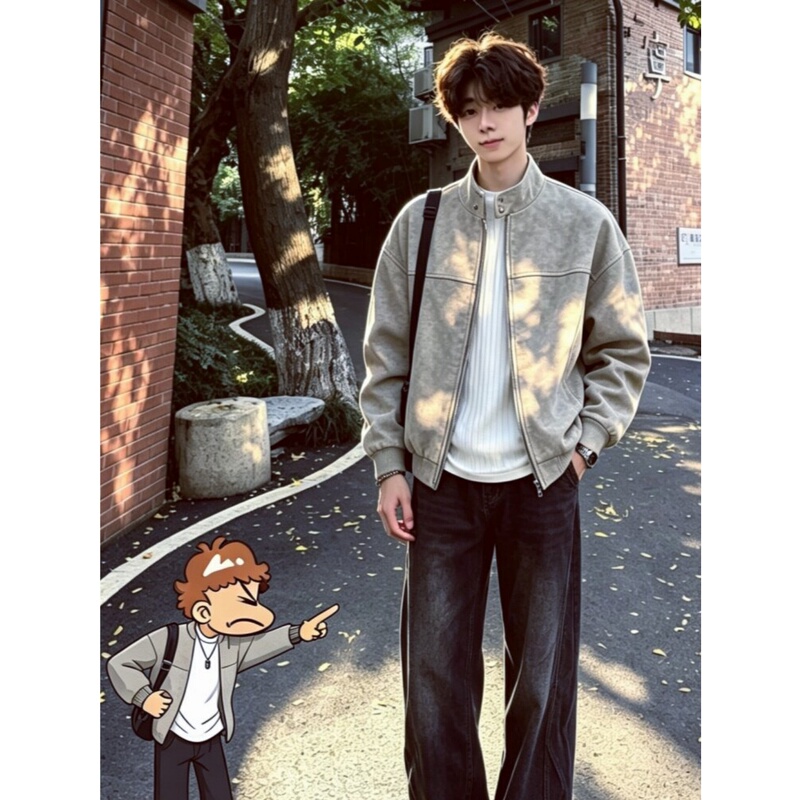 Gray American Retro Stand-Collar Bomber Jacket for Men, Spring and Autumn Season, Loose Fit, Versatile Zip-Up Jacket, High-End Leather Coat
