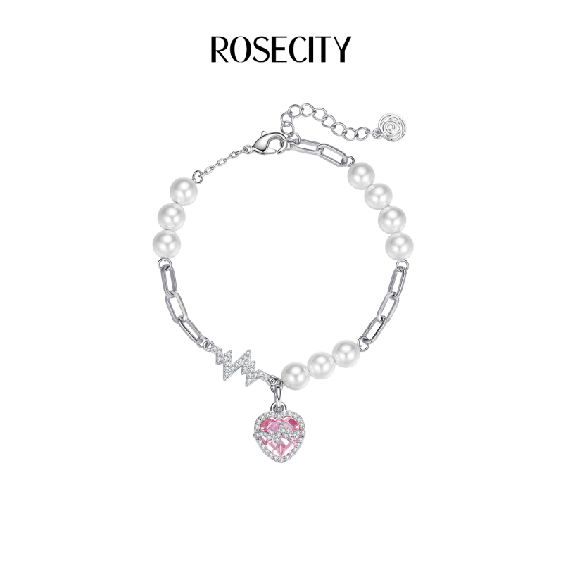 Rosecity Heart-Pounding Pearl Bracelet with Pink Heart, Exquisite and Beautiful Accessory, Gift for Girlfriend Rosecity Heart-Pounding Pearl Bracelet with Pink Heart, Exquisite and Beautiful Accessory, Gift for Girlfriend