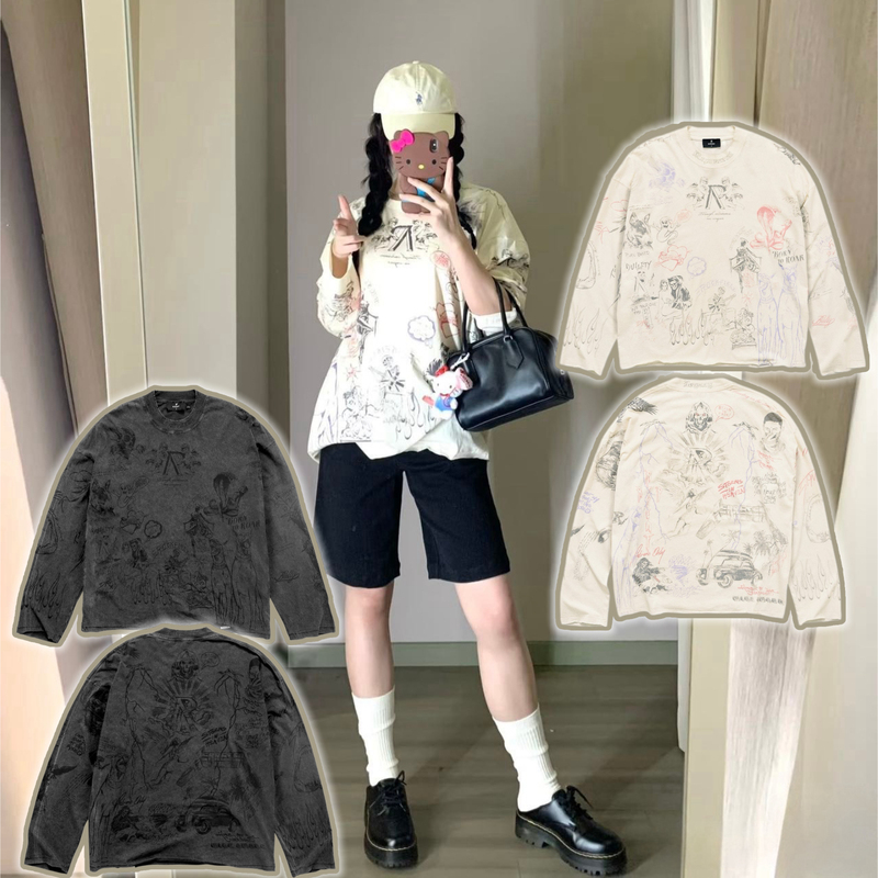 Authentic Represent American-Style Full-Print High Street Fashion Loose Long-Sleeve T-Shirt for Men and Women, Heavy-Duty Design