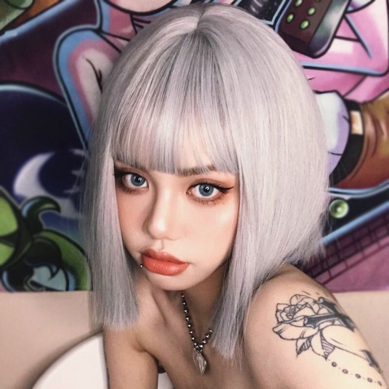 Silver-White Wig Cos Short Hair Silver-Gray Short Straight Hair Granny Gray European and American Style Bob Hair Stylish and Cute for Round Faces Lo Silver-White Wig Cos Short Hair Silver-Gray Short Straight Hair Granny Gray European and American Style Bob Hair Stylish and Cute for Round Faces Lo