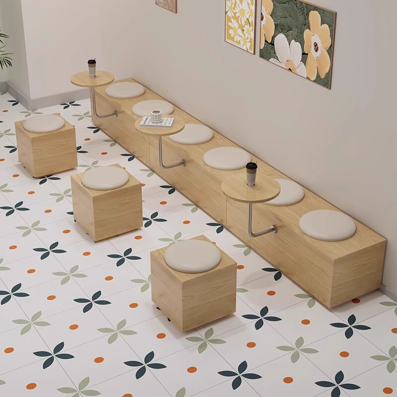 Cafe Table and Chair Set, Natural Wood Style, Suitable for Milk Tea and Dessert Shops, Bakery, Long Bench, Small Round Table and Chairs Cafe Table and Chair Set, Natural Wood Style, Suitable for Milk Tea and Dessert Shops, Bakery, Long Bench, Small Round Table and Chairs