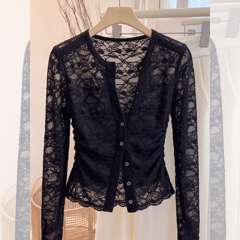 Unique and Beautiful Black Lace Crochet Long-Sleeve T-Shirt for Women, Early Autumn Korean Chic Style, Waist-Cinching Top