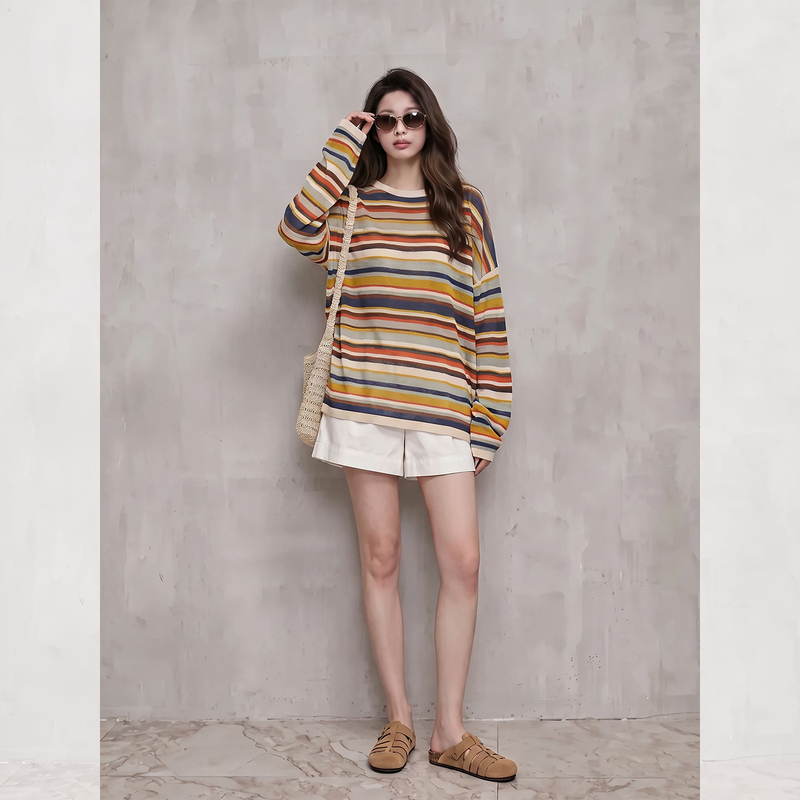 Retro Rainbow Striped Knit Round Neck Long Sleeve Sun Protection Cover-Up Women's T-Shirt Unique and Beautiful Top for Autumn