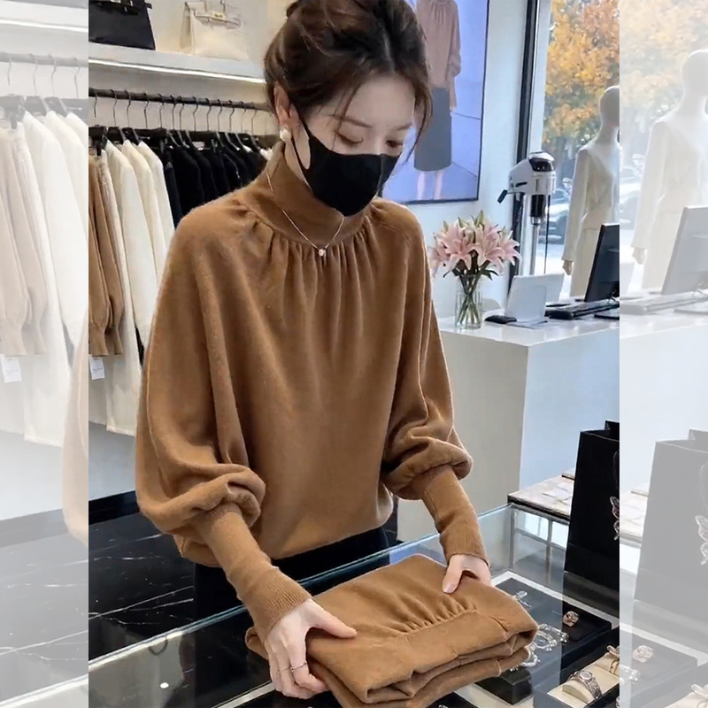 Korean-Style Caramel Brown Half-High Collar Long-Sleeved Knit Sweater for Women, Early Autumn Outfit, Petite, Thin, Loose Top