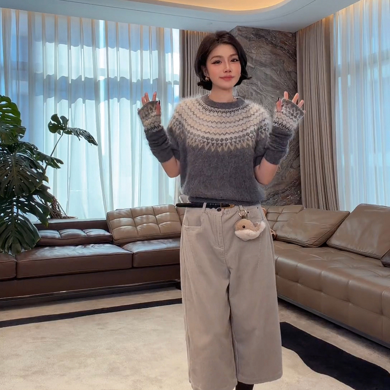 Me Lao Yang's Clothing [Fair Isle Star Chart (with Sleeve Covers)] 100% Merino Wool Skin-Friendly Brushed Sweater for Autumn