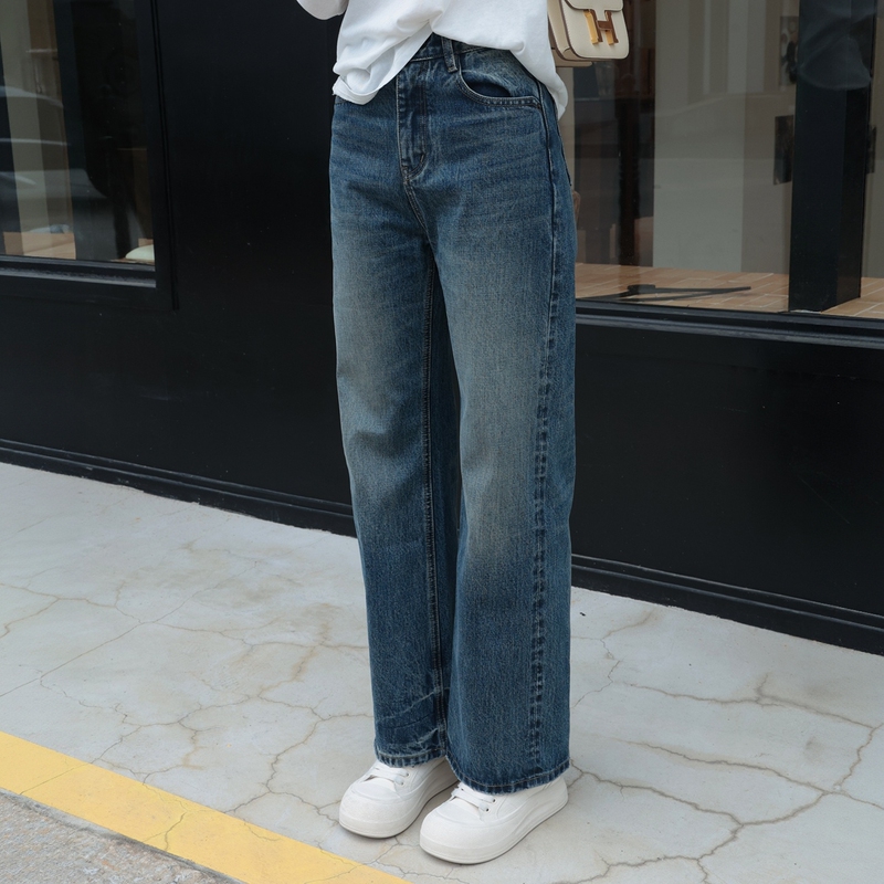 Me Lao Yang's Clothing [Collectible Red-Edge Blue Denim] 100% Washed Cotton Red-Edge Rope-Dyed Straight-Leg Jeans for Women