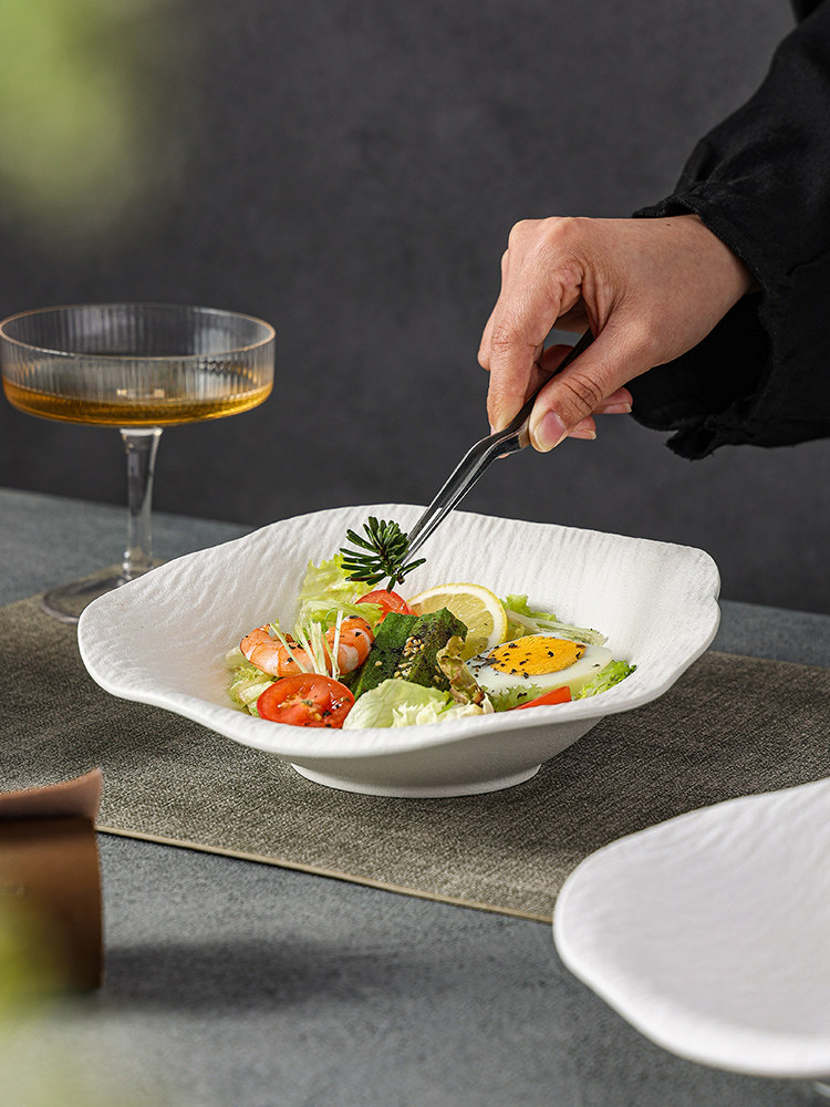 High-Quality Stone-Patterned Vegetable Salad Bowl, High-End Ceramic Bowl, Western Restaurant Hotel Fruit Bowl, Dessert Bowl for Commercial Use