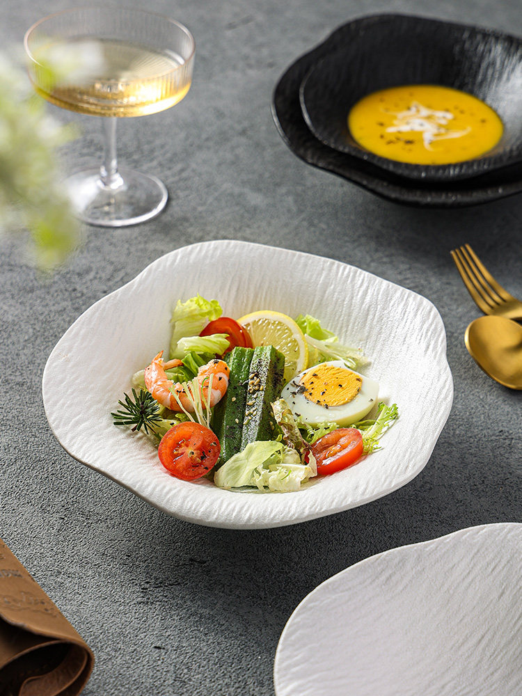 High-Quality Stone-Patterned Vegetable Salad Bowl, High-End Ceramic Bowl, Western Restaurant Hotel Fruit Bowl, Dessert Bowl for Commercial Use