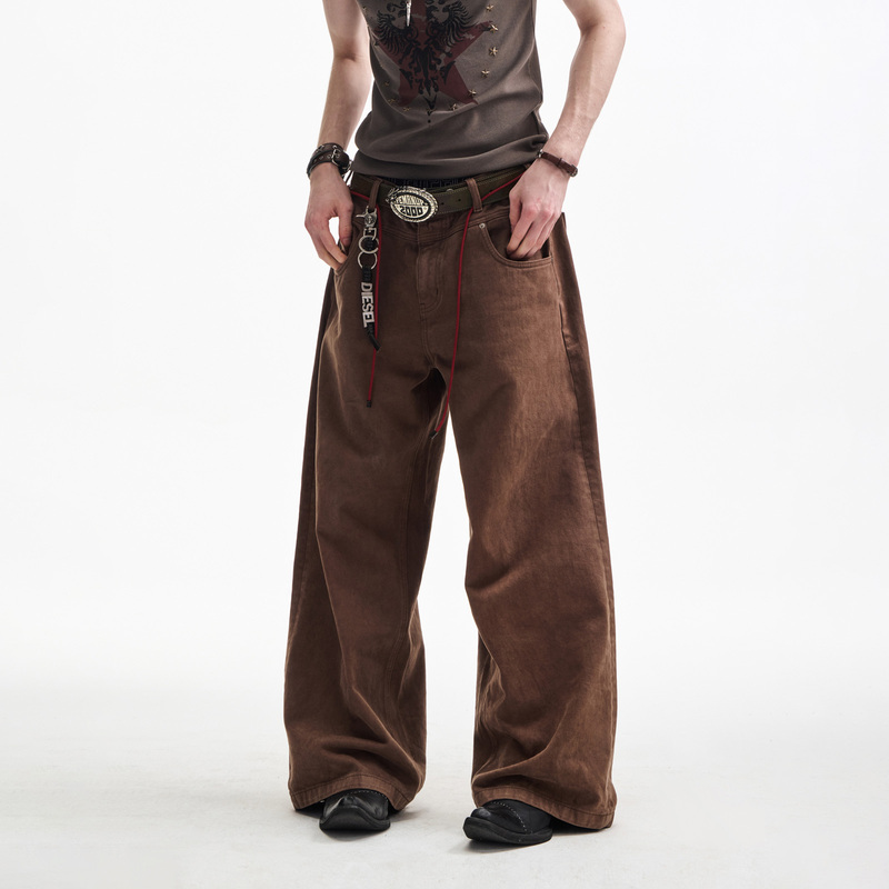 Yemanup* Asut Dyed Bird's Eye Brown Wide-Leg Jeans, Stone-Washed and Distressed, 13.6oz