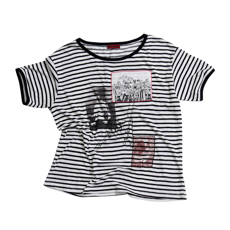 Yemanup* Embroidered Patch Snowflake Pattern 170g Lightweight Short-Sleeve Vintage Black and White Striped Textured Print T-Shirt