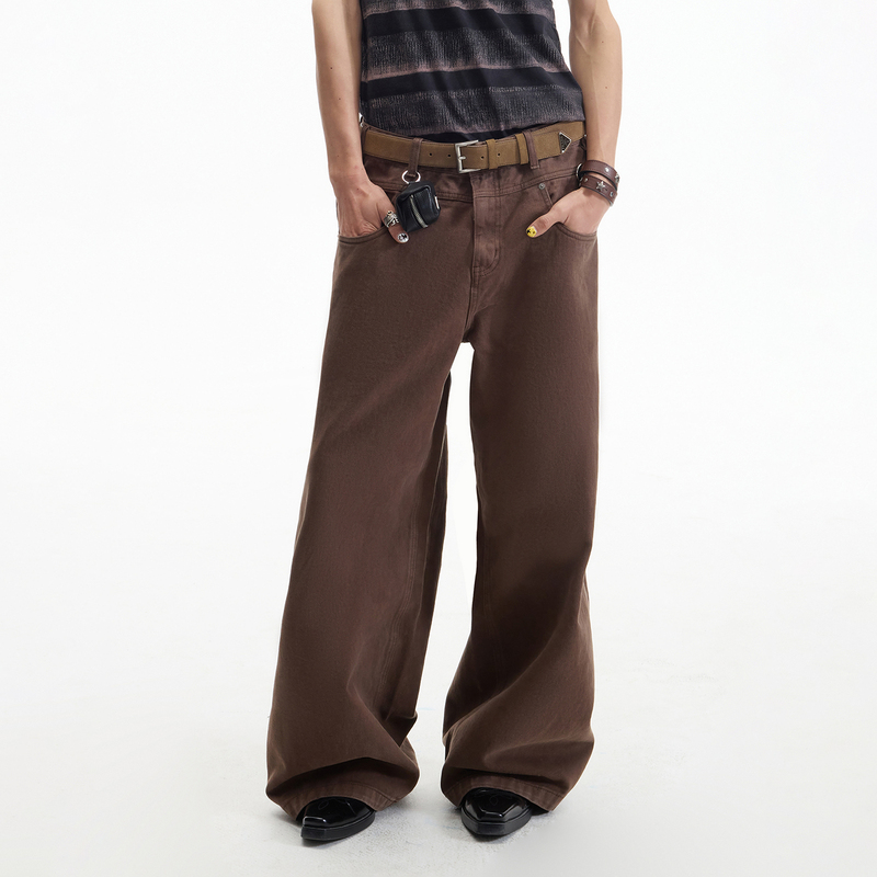 Yemanup* Asut Dyed Bird's Eye Brown Wide-Leg Jeans, Stone-Washed and Distressed, 13.6oz