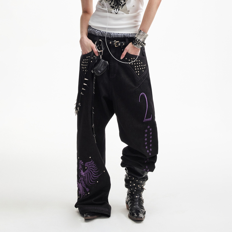Yemanup* Millennial Y2K Deconstructed Eagle Pattern Totem Purple Contrast Stitching Raw Denim Vintage Straight-Leg Flared Jeans