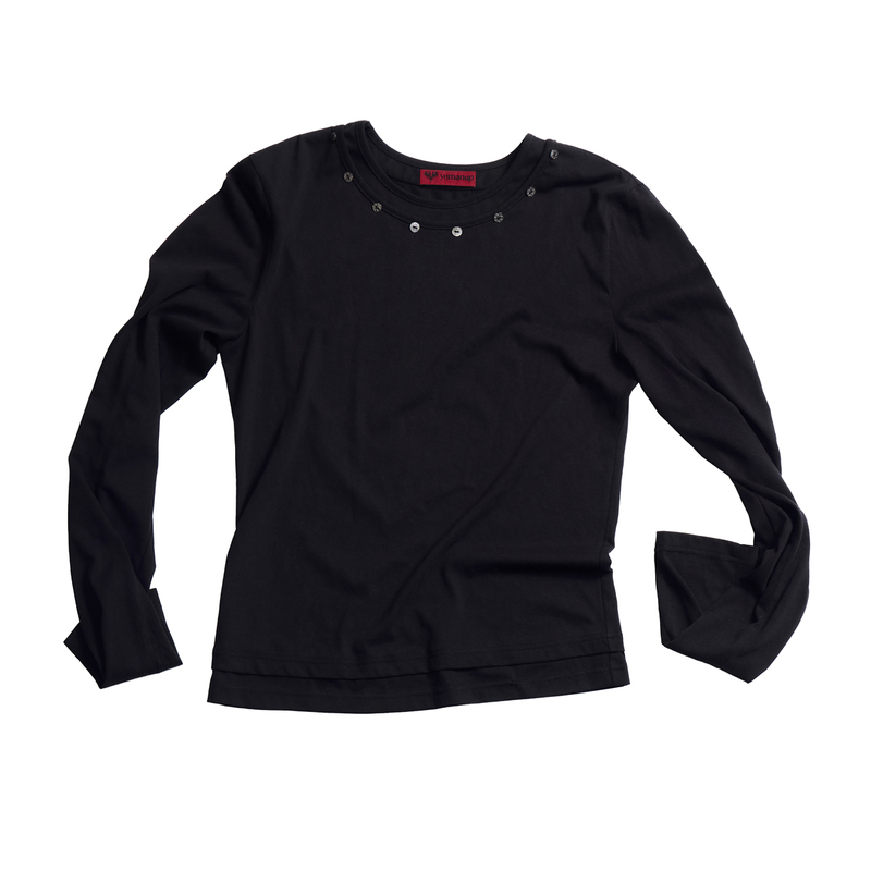 Yemanup* Fake Two-Piece Shell Button Snowflake Pattern Finger Loop Cuff Stacked Long-Sleeve T-Shirt Cover-Up, Black/White