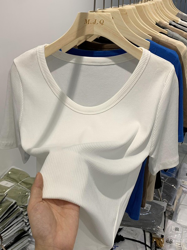 Threaded Short-Sleeved T-Shirt for Women 2023 Summer New Style Ice Silk T-Shirt Versatile Round Neck Slim Fit Solid Color Top Threaded Short-Sleeved T-Shirt for Women 2023 Summer New Style Ice Silk T-Shirt Versatile Round Neck Slim Fit Solid Color Top