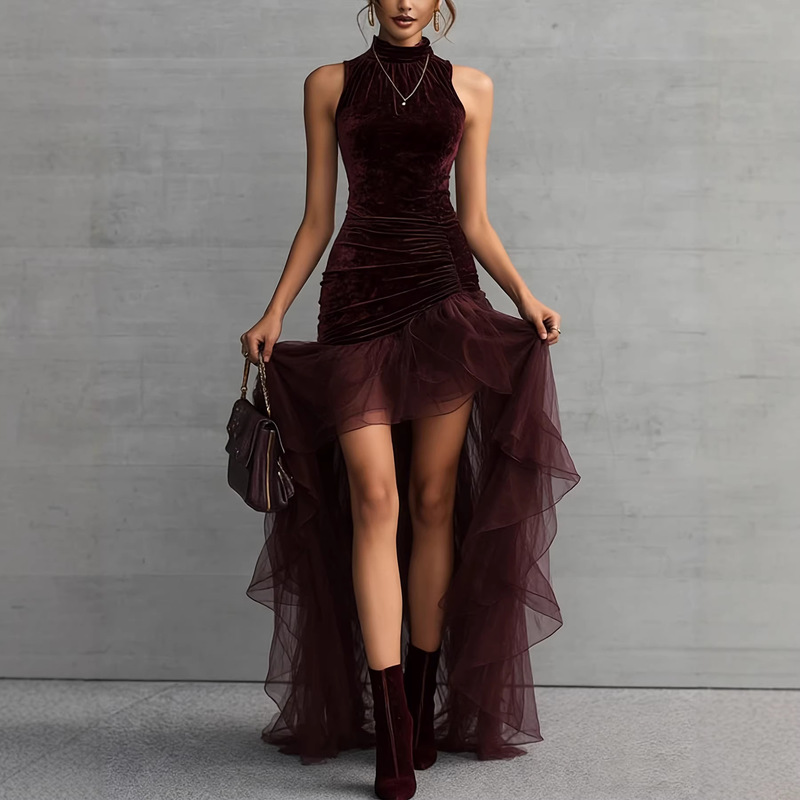 European and American Cross-Border Velvet High-Neck Sleeveless Evening Dress, Pleated Slim-Fit Irregular Hem Sheer Gown with a Train