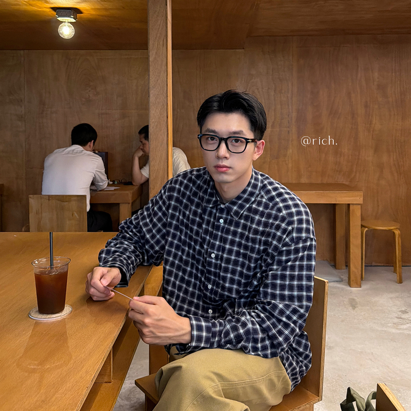 Theotherside 26Ss｜110M² Natural Cotton Long-Sleeved Plaid Shirt in Navy Blue, Loose Fit
