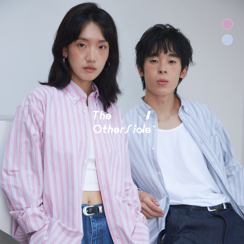 Theotherside 155g Sand-Washed Cotton Striped Loose Long-Sleeved Shirt Pink Theotherside 155g Sand-Washed Cotton Striped Loose Long-Sleeved Shirt Pink