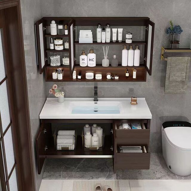 Popular Oak Minimalist Modern Smart Bathroom Cabinet and Mirror Set, Lacquered Solid Wood New Chinese Style Bathroom Vanity