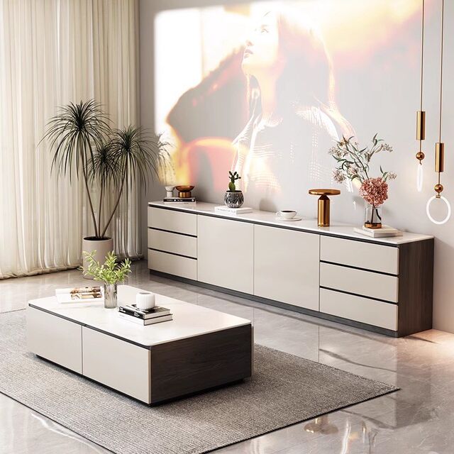 Popular Solid Wood Tv Cabinet 2024 New Model Floor-Standing Rock Slab Integrated Storage Cabinet for Home Living Room Tall Tv Cabinet