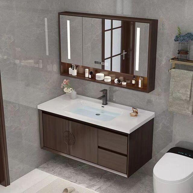 Popular Oak Minimalist Modern Smart Bathroom Cabinet and Mirror Set, Lacquered Solid Wood New Chinese Style Bathroom Vanity
