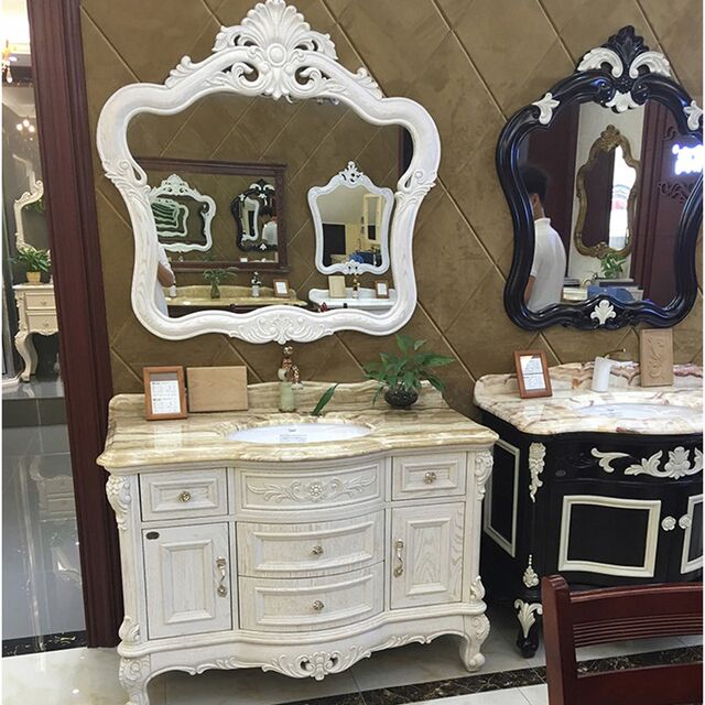 Popular European-Style Bathroom Cabinet with Red Oak and Marble Washbasin, Solid Wood Bathroom Vanity, Floor-Standing Combination