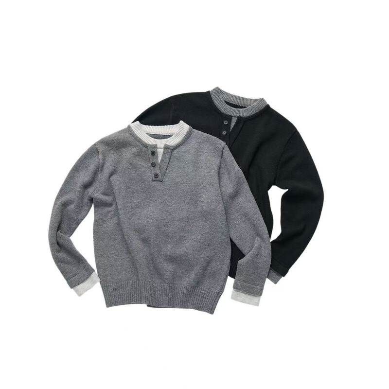Alluretrendz 10% Wool Blend Knitted Round Neck Fake Two-Piece Fake Henley Collar Alluretrendz 10% Wool Blend Knitted Round Neck Fake Two-Piece Fake Henley Collar