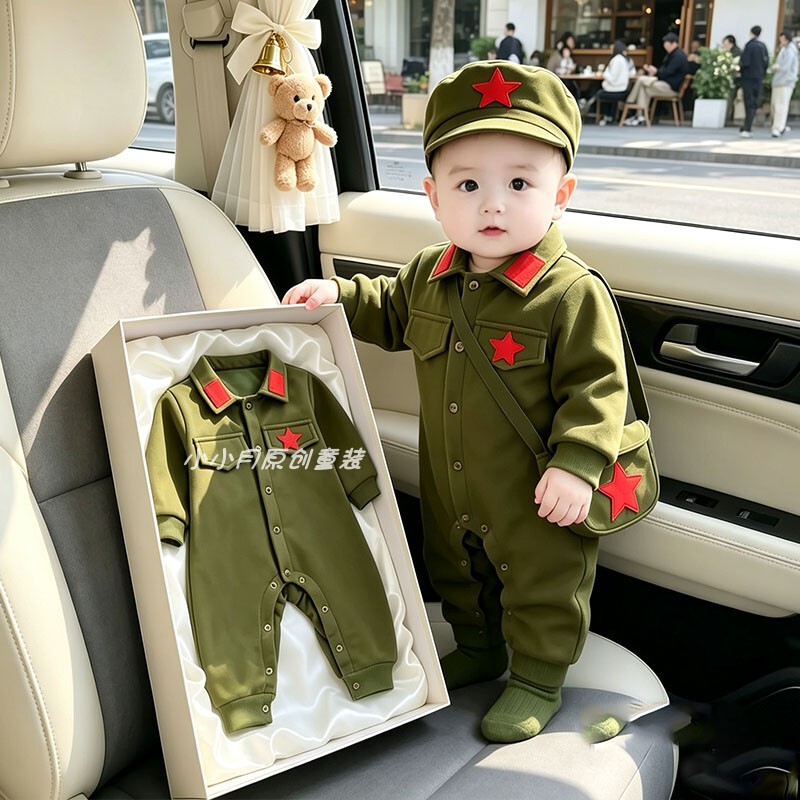 Baby Retro Red Army Jumpsuit Autumn and Winter Long-Sleeved Baby Five-Pointed Star Nostalgic Romper Photo Shoot Crawling Suit Set Baby Retro Red Army Jumpsuit Autumn and Winter Long-Sleeved Baby Five-Pointed Star Nostalgic Romper Photo Shoot Crawling Suit Set