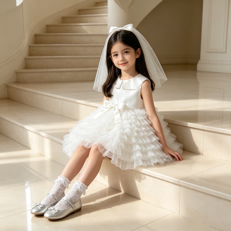 Girls' Mesh Cake Tutu Skirt, Stylish Wedding Flower Girl Dress, White Little Girl's Birthday Dress, Princess Dress