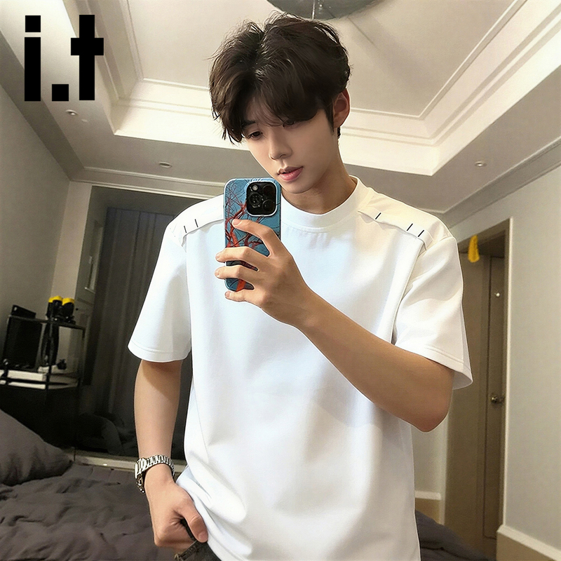 It Izzue American-Style Deconstructed Patchwork White T-Shirt for Men, Summer Regular Shoulder Short-Sleeve Small Neckline Heavyweight Half-Sleeve Y