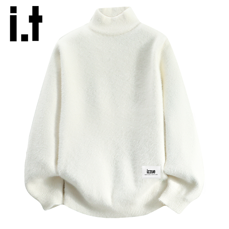 It Izzue Trendy Off-White Half-Turtleneck Sweater for Men, Spring and Autumn, Thickened and Fleece-Lined, Warm, Loose-Fitting Casual Top Y It Izzue Trendy Off-White Half-Turtleneck Sweater for Men, Spring and Autumn, Thickened and Fleece-Lined, Warm, Loose-Fitting Casual Top Y