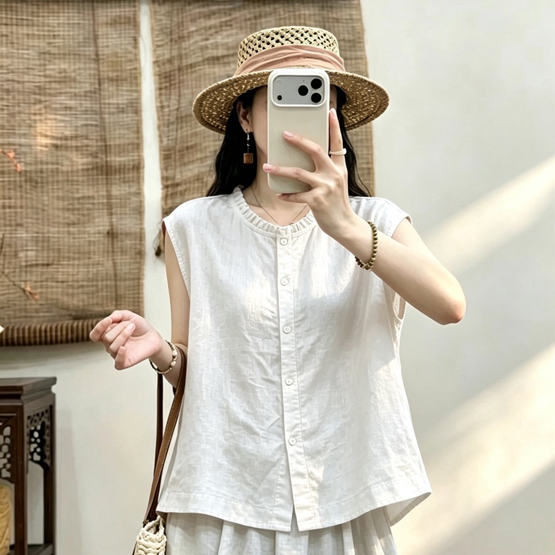 Double Yarn Cotton Shirt, Summer Breathable Thin Cardigan, Retro Button-Up Top, Baby Cotton Yarn Skin-Friendly Breathable Blouse for Women